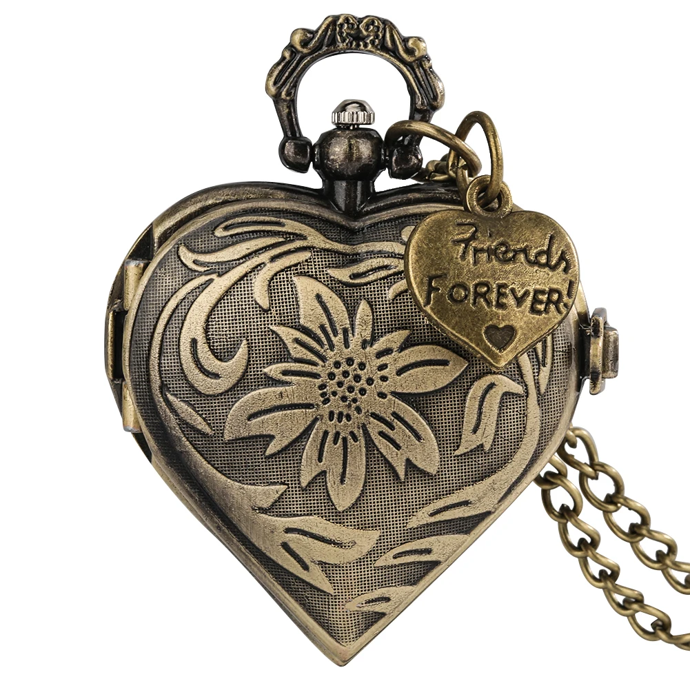 Lovely Heart Shaped Bronze Pendant Quartz Pocket Watch Lady Necklace Watches Arabic Numerals Display  Exquisite Pocket Clock