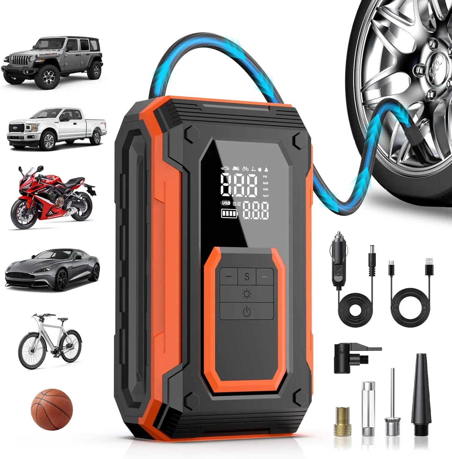 

Portable Tire Inflator 150PSI Cordless Air Pump, Dual Power Battery & 12V DC, with Memory Function for Car, Motorcycle, Bike, Ba