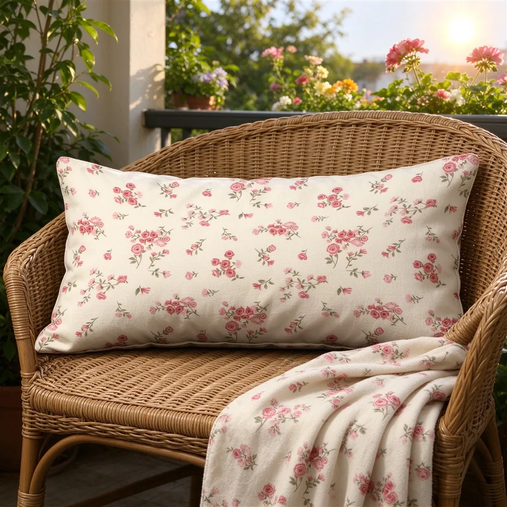 White Blush Soft Ditsy Print Long Pillow Cover, Gentle Style, Balcony Decorative, Polyester, Lumbar Pillow, Functional