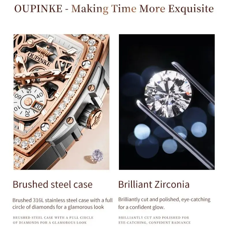 OUPINKE 3220 Volano Hollow Orologio meccanico automatico da donna Tonneau Diamond Orologio da regalo da donna con zaffiro in silicone di lusso