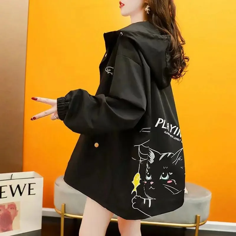 2024 New Fashion Hooded Windbreaker Jacket Women Elegant Color Block Zipper Bomber Jacket Autumn Casual Coat Outerwear