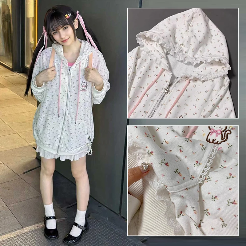 Floral Embroidery White Kawaii Hoodie Lace Japanese Sweet Girls Spring 2024 Hoodies Cute Long Sleeve Y2k Loose Harajuku Coat