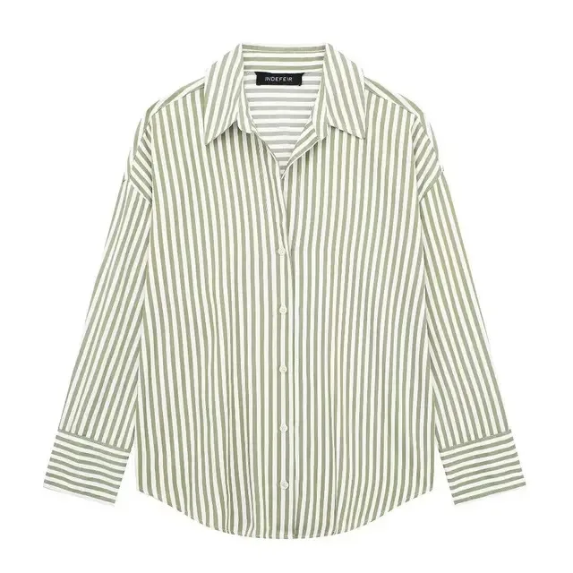 

BabYoung Women Summer New Fashion Blouses Green Stripe Turn-Down Collar Long Sleeves Single Breasted Female High Street Shirt