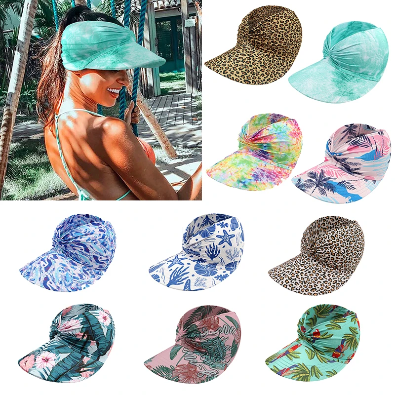 New Women's Print Sun Protect Wide Brim Sunhat Summer Outdoor Open Top Hollow Cap Adult Anti-UV Beach Hat Travel Sun Visor Hat