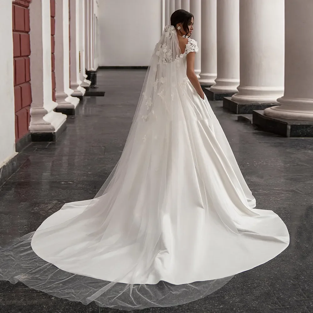 Precioso vestido de novia de satén blanco, línea A, hombro avellanado, apliques de bolsillo drapeado, vestido de novia largo hasta el suelo