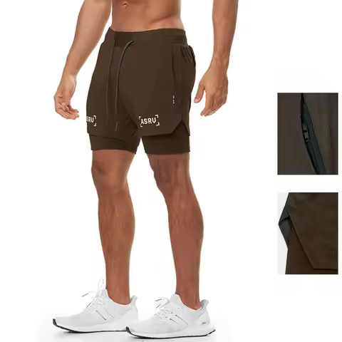 Men's 2 in 1 Double-deck Gym Shorts Quick Dry Summer Running Workout Shorts Zipper Pockets Slim Fit Fitness Training Short Pants