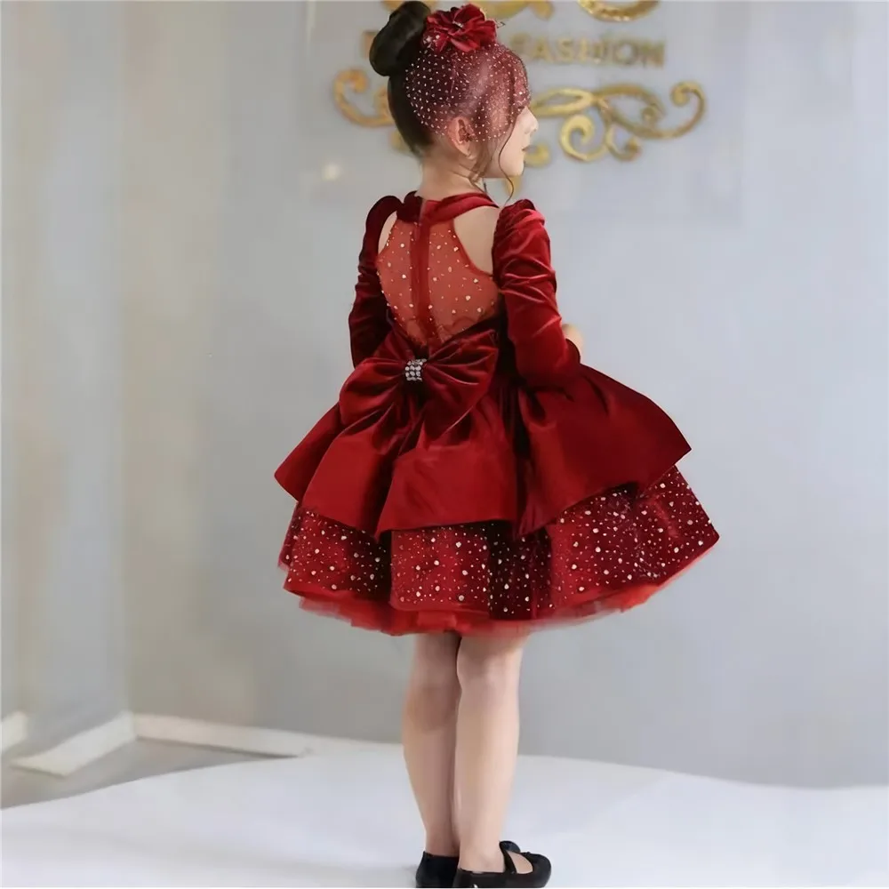 

Gorgeous Flower Girl Wedding Dress Sequined Velvet Long Sleeve Tiered Puffy Girls First Communion Birthday Party Gown Customized