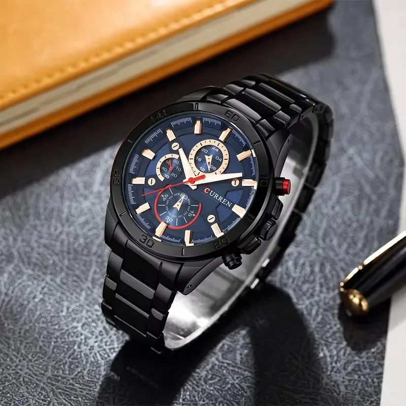 CURREN 8275 Luxury Multifunctional Waterproof Business Men's Stainless Steel Strap Quartz Wristwatches