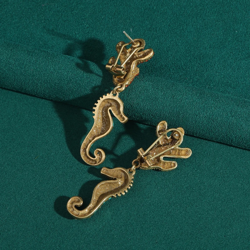 Vintage azul cavalo marinho brincos mulher strass cristal vermelho coral esmalte animal verão jóias praia tendência 2025 novo