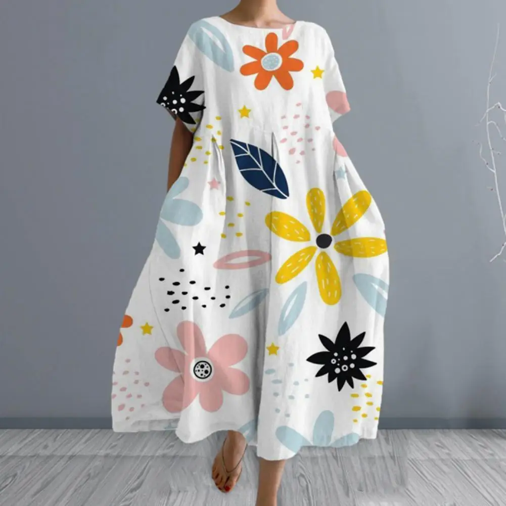 

Summer Spring Dress A-line Dress Bohemian Style Floral Printed Midi Dress for Women Loose Round Neck Short Sleeve Soft Oversized