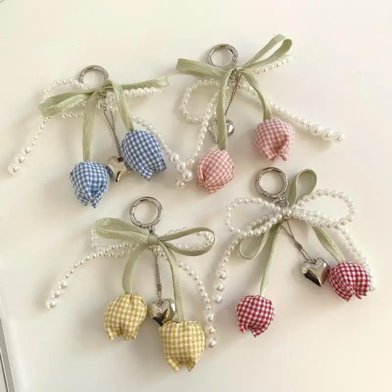 1 قطعة شبكة اللؤلؤ القوس توليب حقيبة سلسلة مفاتيح قلادة سحرية مع الشريط مجوهرات للنساء سلسلة مفاتيح DIY بها بنفسك الديكور