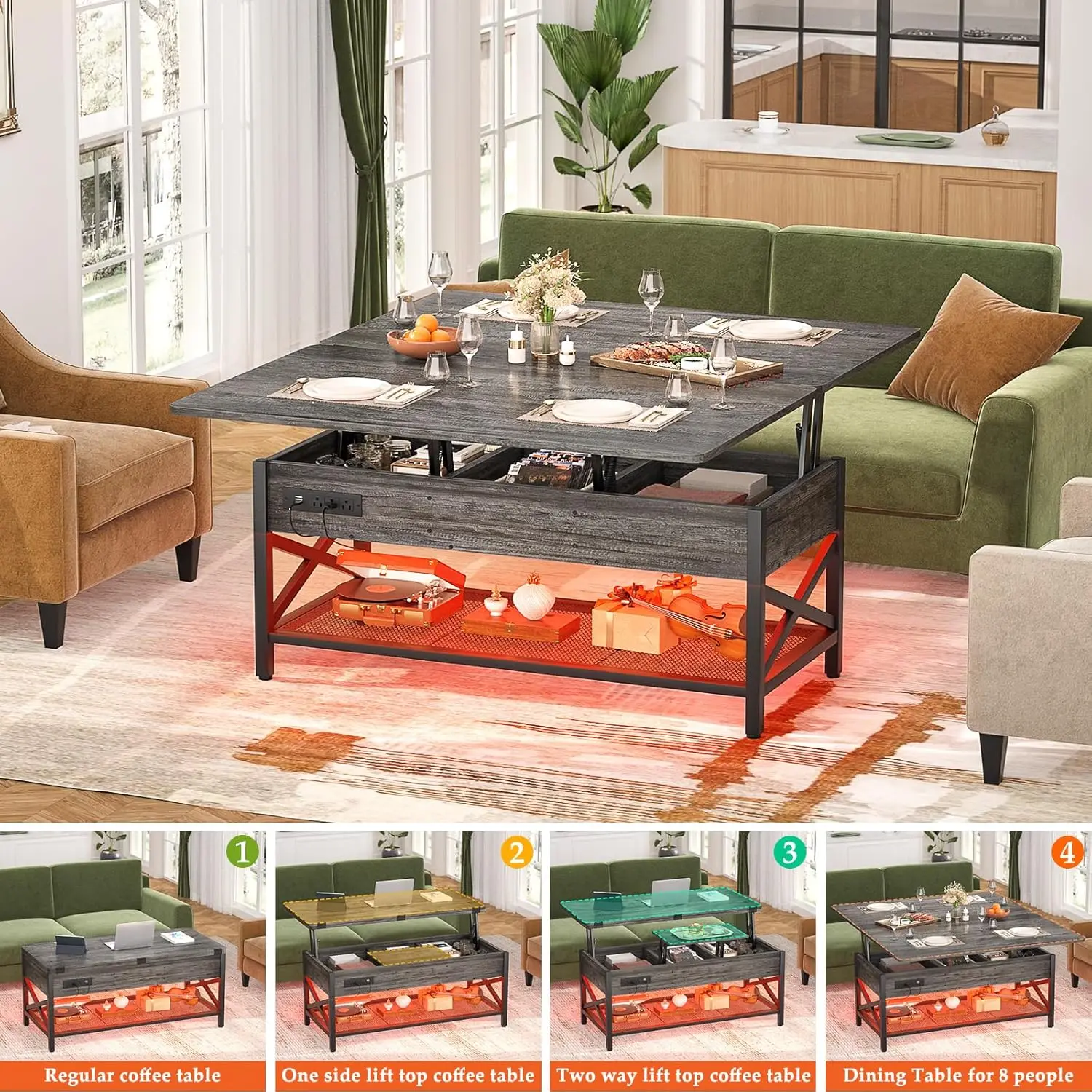 Mesa de centro elevable multifuncional de roble negro de 36": se convierte en mesa de comedor con luz LED, toma de corriente y estantes