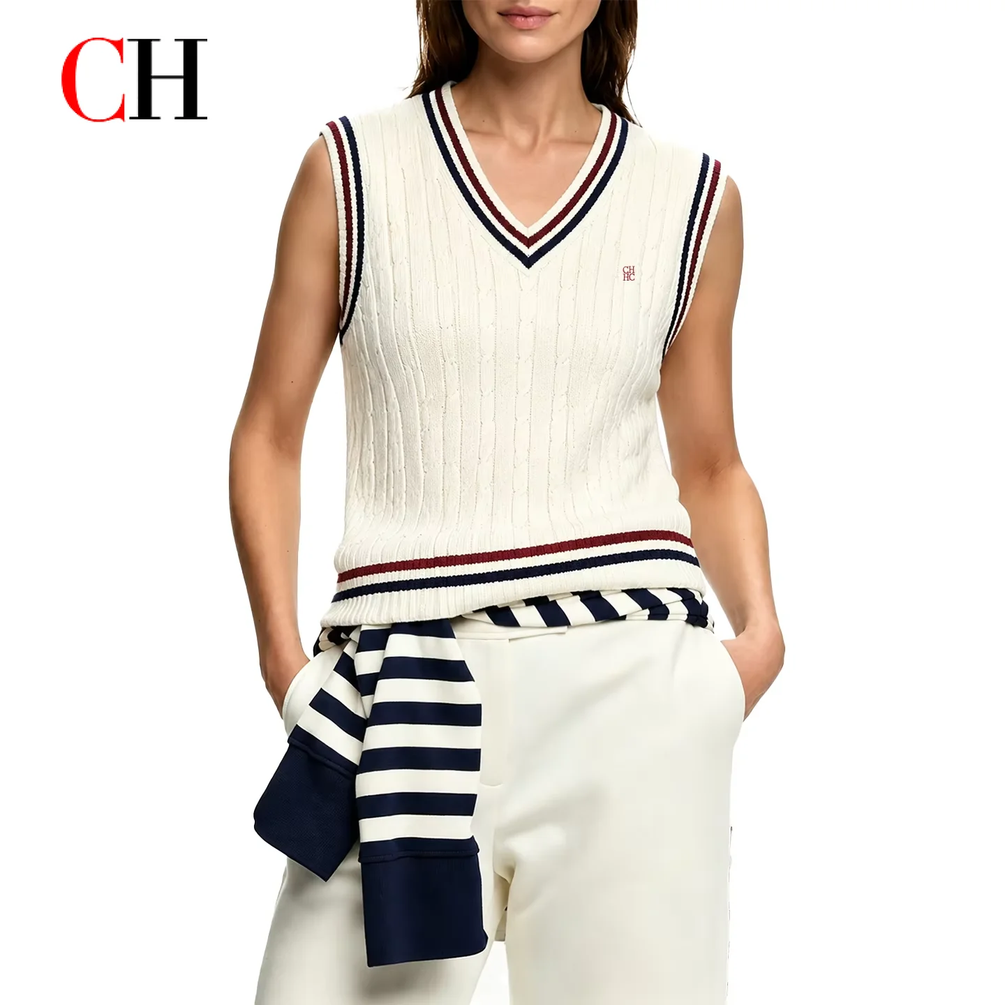 

CH Logo Embroidered Premium Cable Knit Sleeveless V Neck Vest Women Striped Trim Preppy Style Classic Casual Daily Tops