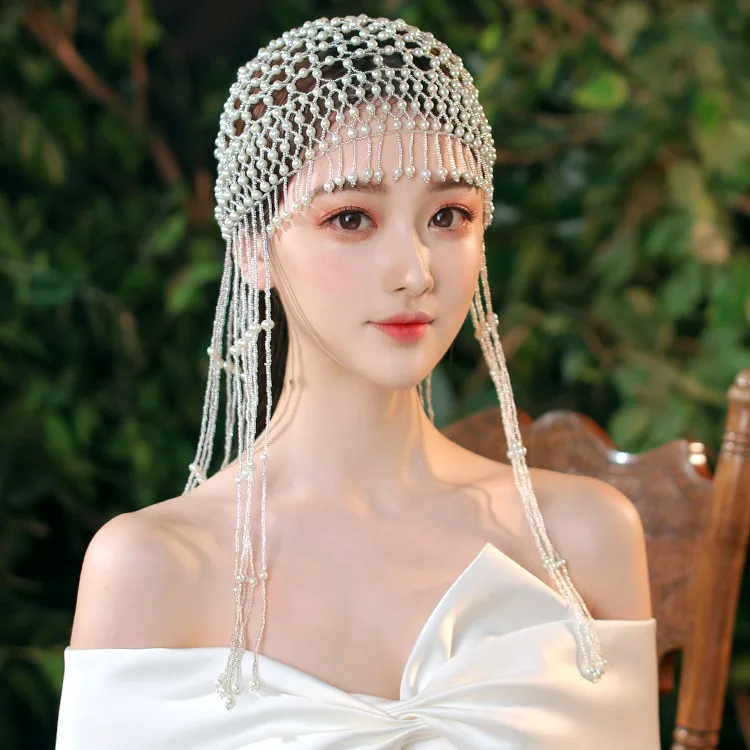 Pearl tassel hat beautiful and handmade hollow headpiece temperament shooting bride stage performance pearl tassel hat accessori