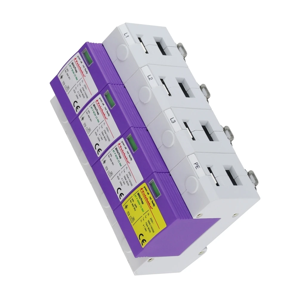 Surge Protector 255V AC 25kA 50kA 100kA SPD T1+T2 3P+NPE 3 Phase Surge Protection Device