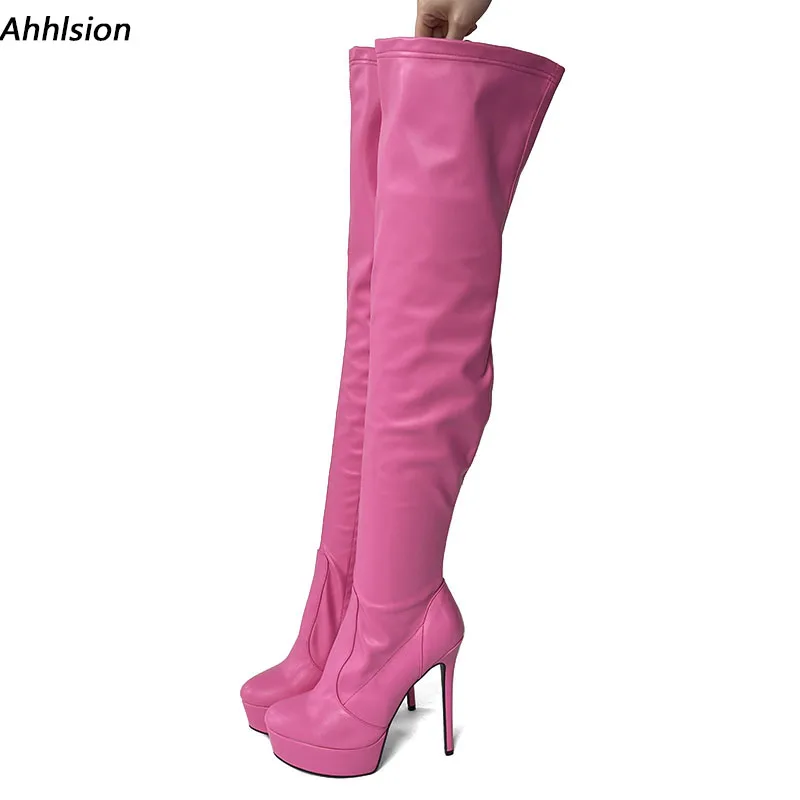 

Ahhlsion/Новые модные женские весенние сапоги выше колена из искусственной кожи на шпильке с круглым носком, розовые вечерние туфли, женские размеры США 5-20