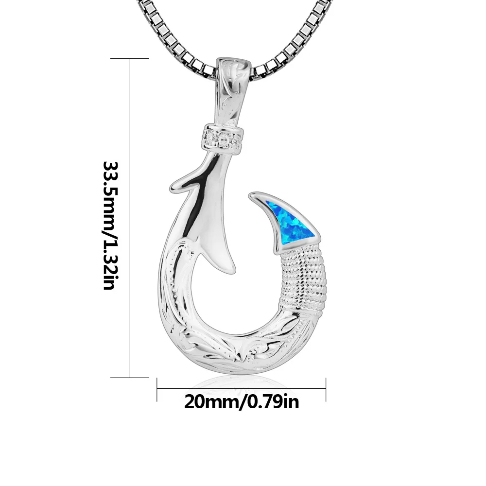 Fish Hook Pendant Necklace with Blue Opal,Silver Fishing Jewelry for Men, Nautical Outdoor Style, Unique Gift for Fisherman