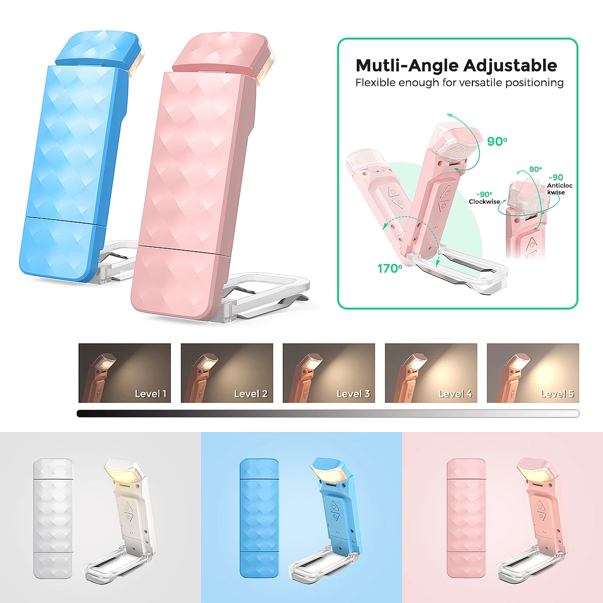 Portable Clip Reading Light with 3 Color & 5 Brightness, Adjustable Angles Eye Care Rechargeable Book Lamp for Bed Study