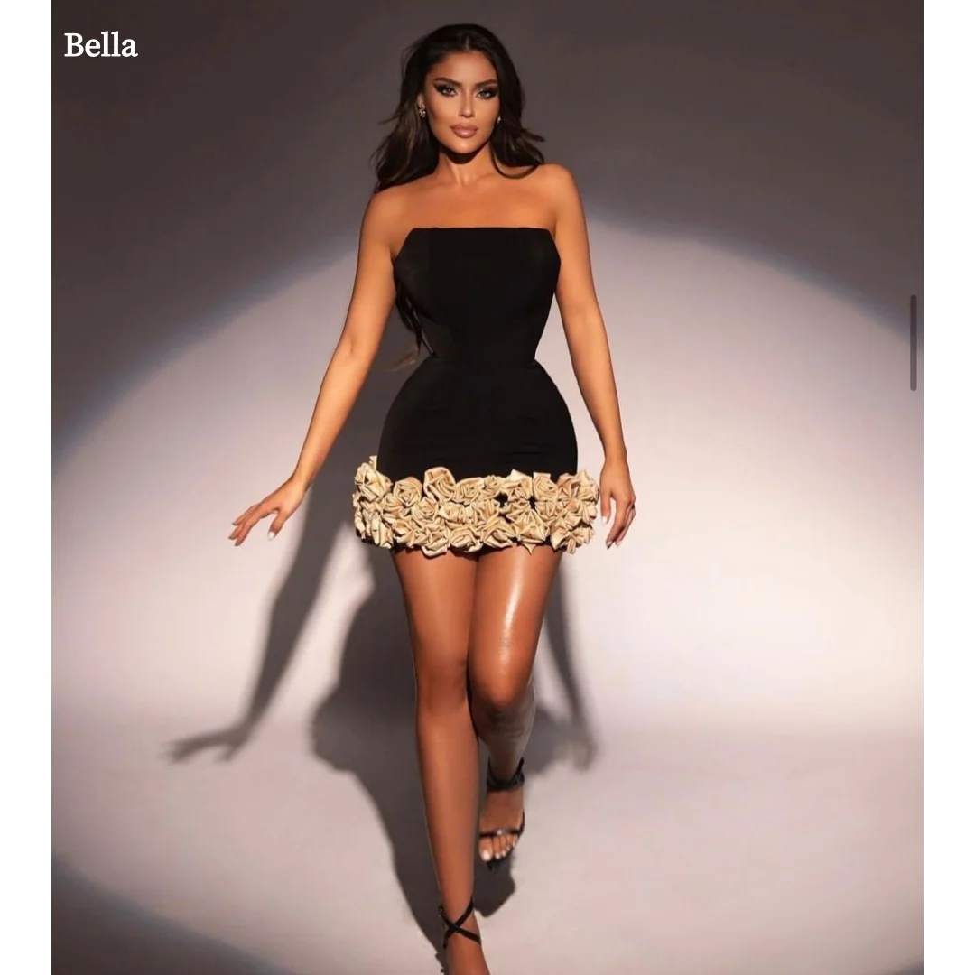 

Bella Customized Black 3D Flowers Strapless Backless robes de soirée Sleeveless Party Dresses Mini Skirt Satin Prom Dress 2025