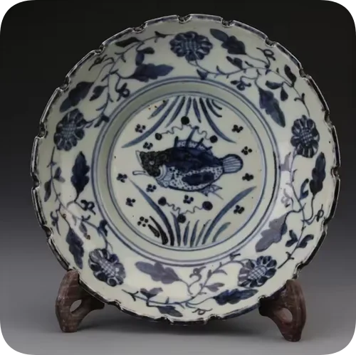 Antique porcelain ornaments, blue and white hand painted fish, algae, flowers and fruit plates