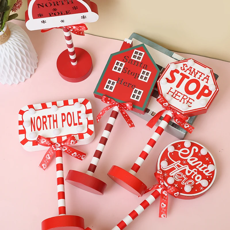 Christmas Street Sign Light Santa Stop Here North Pole Retro Lamp LED Light Wooden Desktop Ornaments Xmas New Year Party Decor