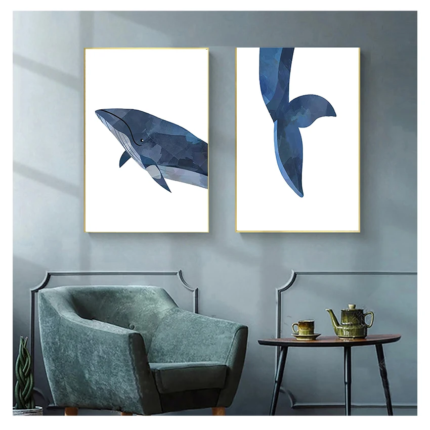 Ocean Sea Nursery Theme Art Painting Narwhal Whale Pictures Home Baby Room Wall Art Decor Whale Animal Canvas Poster Print