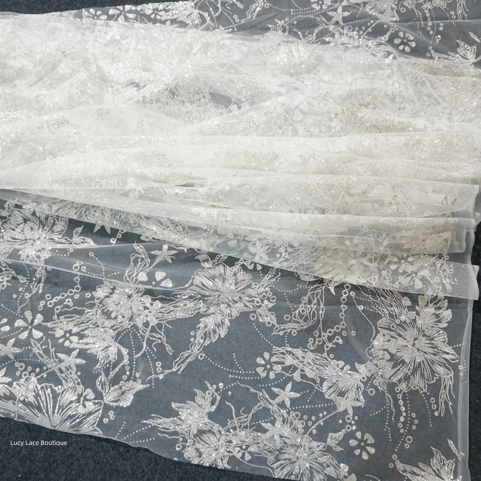 2024 Silver Lace Large Flowers Glittering Mesh Fabric Stamping Silver Spray Wedding Dress Fabric Bottom Material 150CM Wide