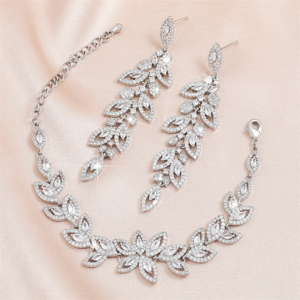 ZAKOL Brand Shiny Buling Micropaved Zirconia Leaf Long Earrings Chain Bracelet Charm Wedding Jewelry Set For Women
