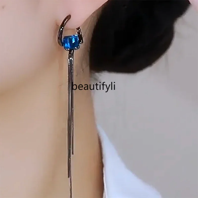 New blue crystal fringed earrings zircon sterling silver needles light luxury long earrings women