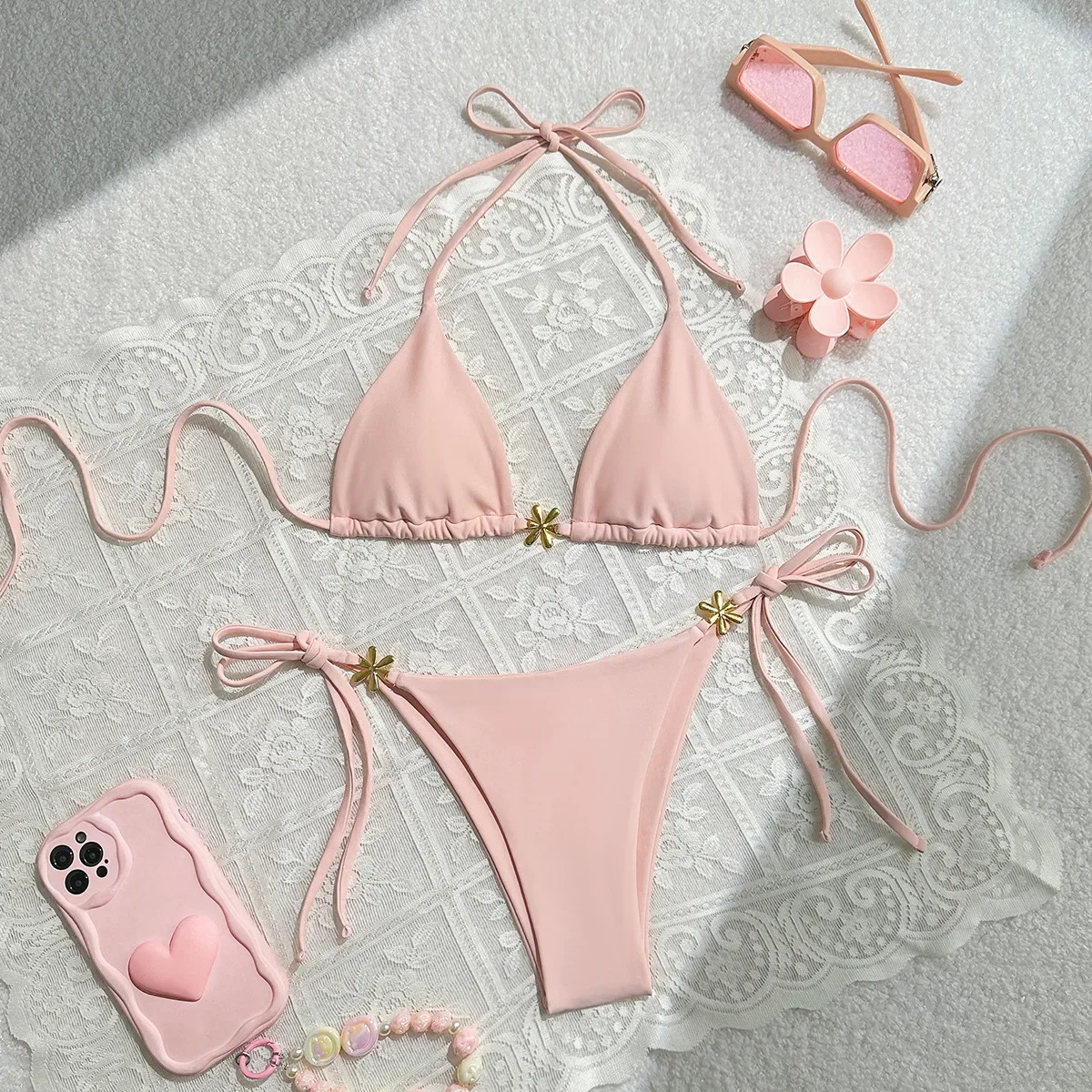 

Sexy Metal Flower Pink Women's Bikinis Sets Two Pieces Tie Thong Halter Swimsuit Beachwear Bathing Suit Swimwear Biquini Trikini