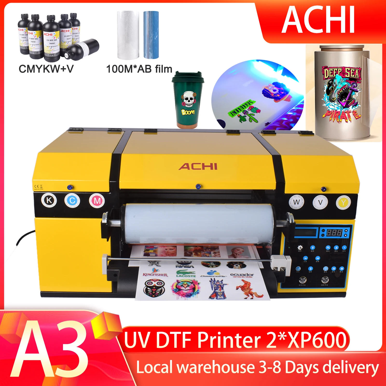 ACHI A3 UV DTF Drucker XP600 2-in-1 Laminierdrucker AB-Film Kristallaufkleber Wasserdicht Staubdicht Geprägt für Becherummantelung Glas