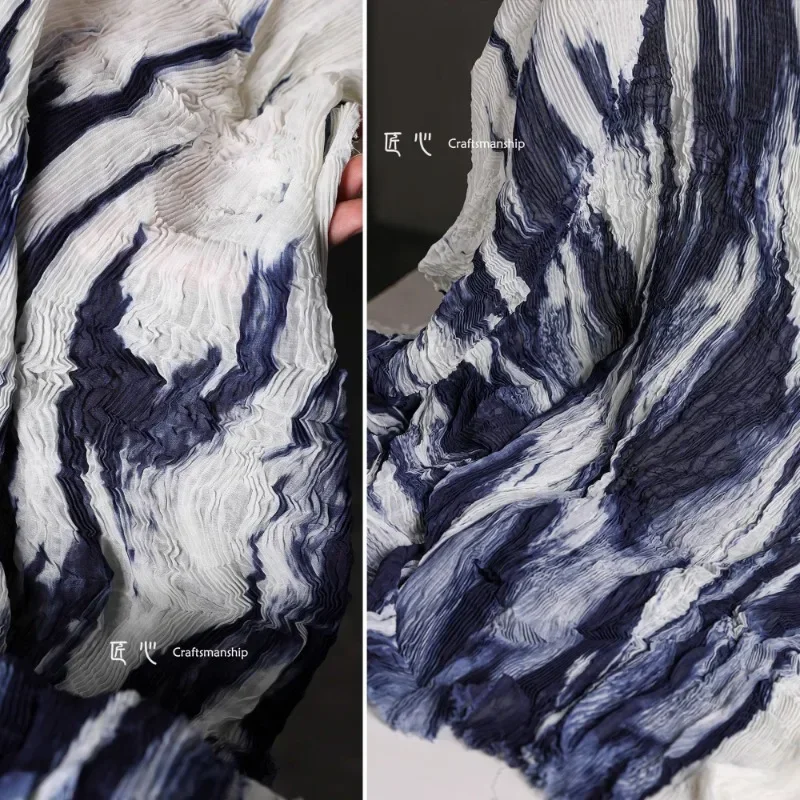 Tie Dyed Pleated Fabric Indigo White Creative Clothing Designer Apparel Sewing Fabric Cloth Diy Polyester Material