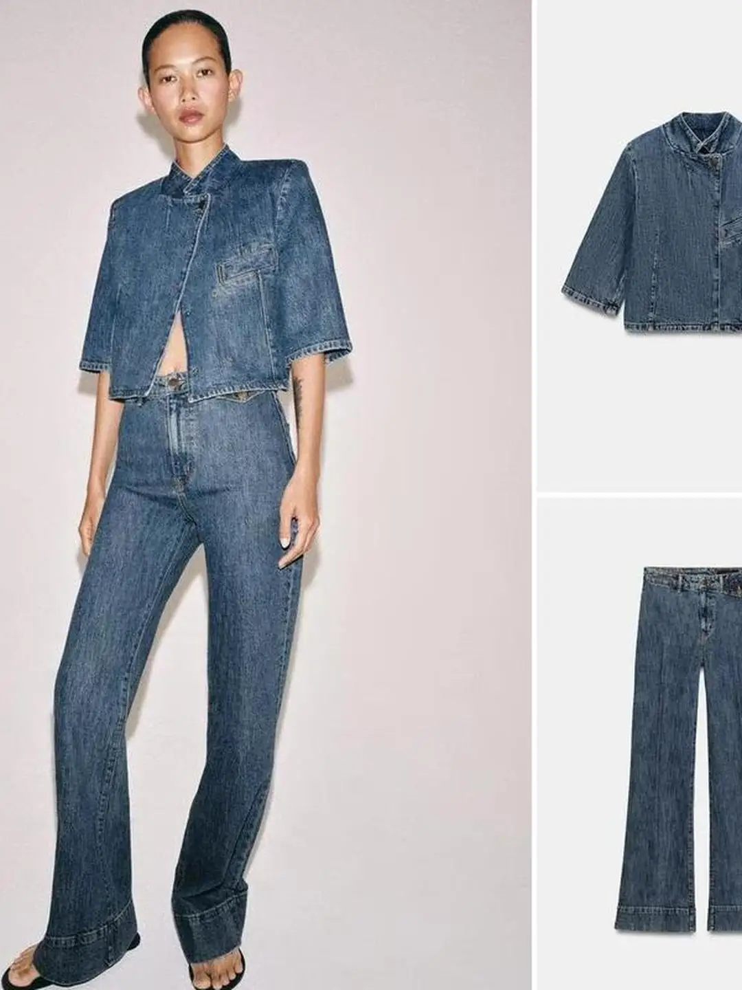 Casual Short Denim Suit Jacket High Waist Bell Bottom Jeans Two Piece Set High Elasticity mid Spring Autumn Fashion Workwear