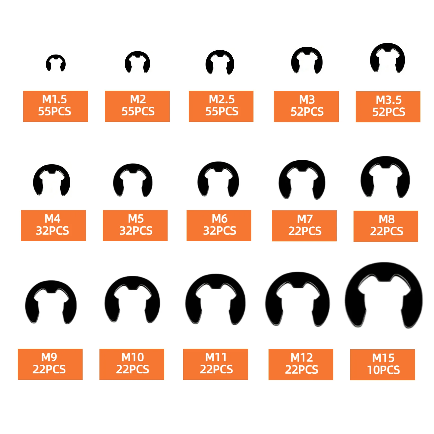 381/507-teiliges M1.5-M15 E-Clip-Set aus schwarzer Legierung, Sortiment für externe Sicherungsringe, metrische Sicherungsringe für Wellenlager und Hardware – Detail 3