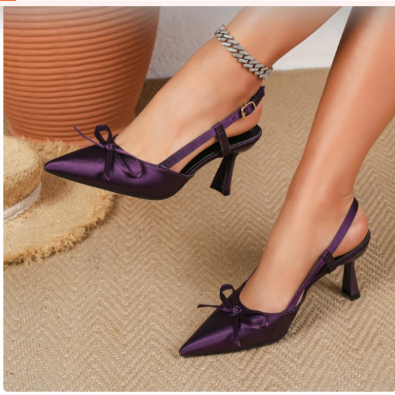 Women's Pointed Toe High Heel Sandals Elegant Purple Bow Slingback Shoes Summer Versatile Mid Heels Ladies Party Wedding Pumps - view 6