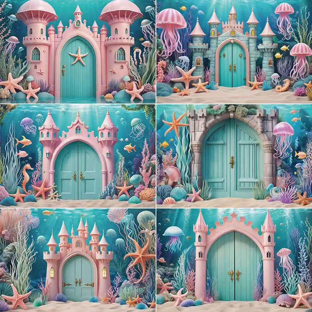 

MOON.QG Mermaid Pincess Castle Girls Birthday Photocall Backdrop Underwater Photo Background Children Photography Studio Props