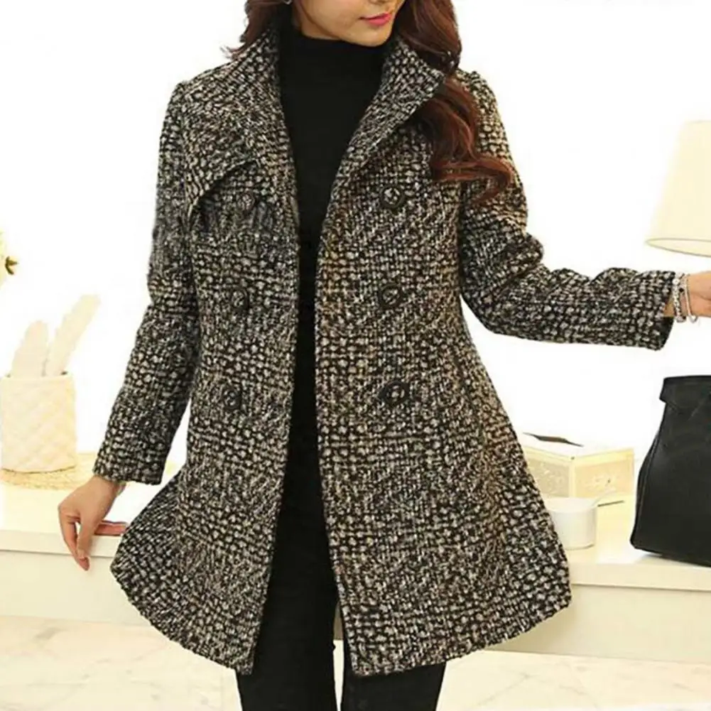 New Women's Wool Blends Coat Winter 2023 Autumn Fashion Elegant Mother Turtleneck Plaid Slim Long Tweed Woolen Outerwear Female