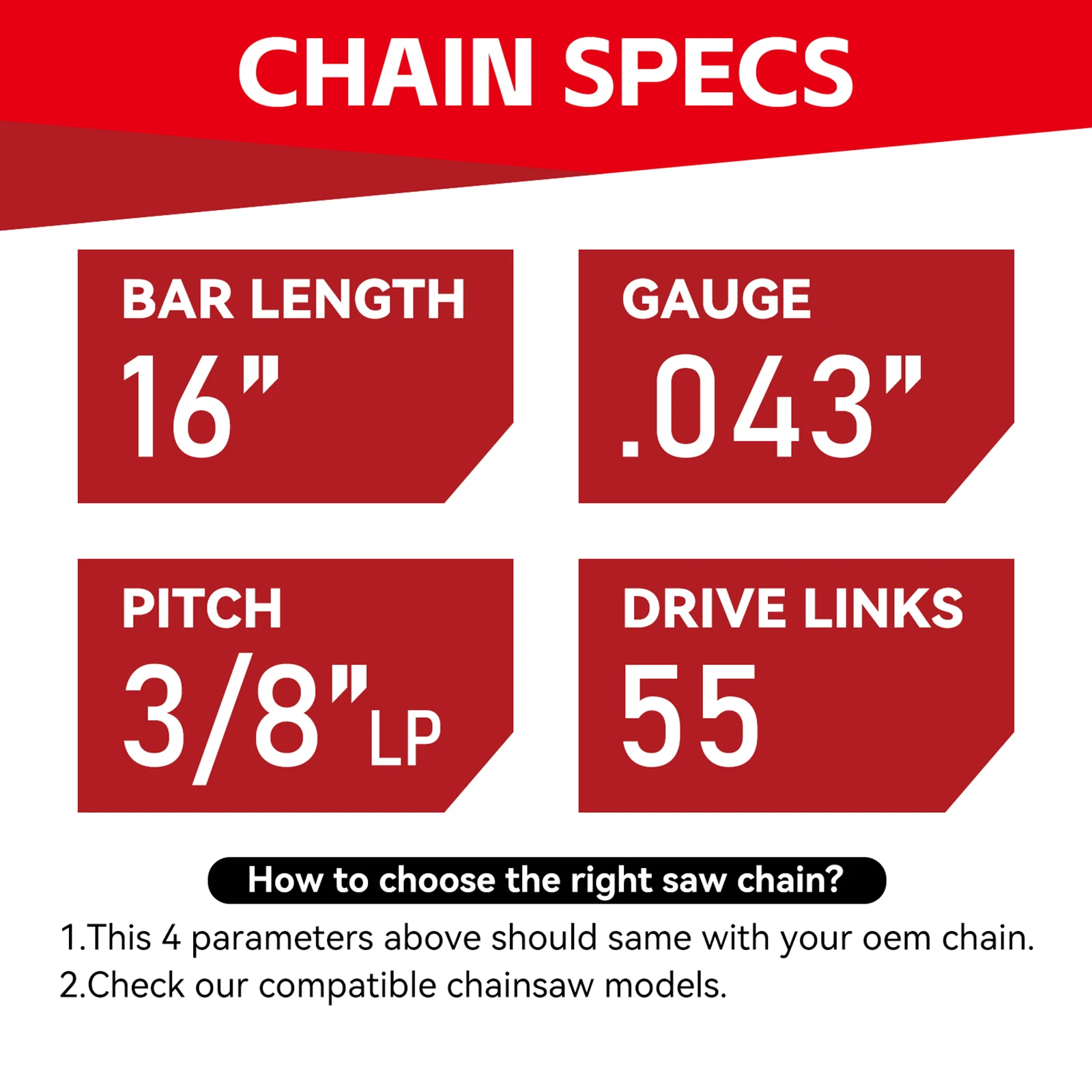 سلسلة منشار 16 بوصة لـ Stihl MS 170، MS 180 C - 3/8 بوصة LP Pitch، مقياس 043 بوصة، 55 وصلة محرك #2