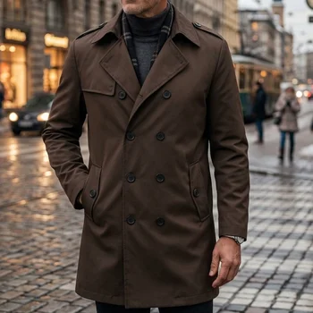 Men's Lightweight Double-Breasted Travel Trench Coat 4 Autumn Men's Windbreaker Thin Double-breasted Jacket with Epaulettes Outdoor Travel Windbreaker Medium Length Men's Thin Coat 4
