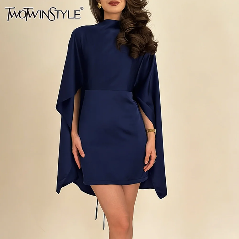 

TWOTWINSTYLE Однотонное свободное платье с драпировкой и вставками для женщин, с круглым вырезом, длинным рукавом, элегантное асимметричное платье, женское летнее модное новое платье
