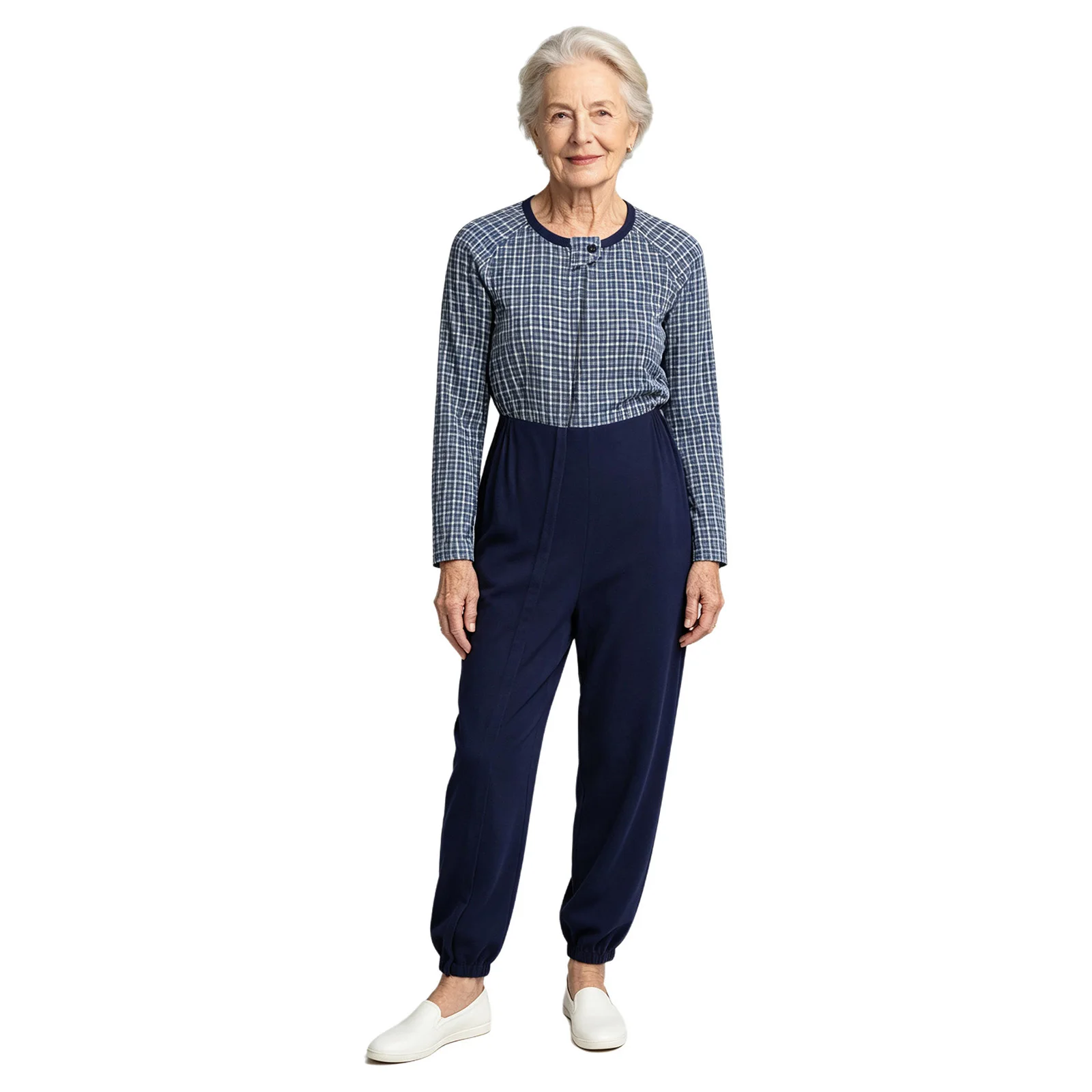 Women Adaptive Jumpsuit Front Full Zipper Back Zip Long Sleeve Plaid Patchwork Bodysuit for Alzheimer Dementia Special Needs