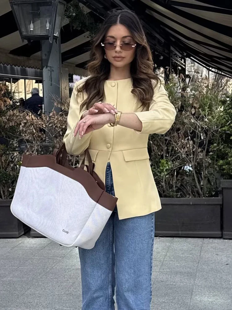 Trendix 2025 الخريف السترات السترة فام زر الموضة المرقعة جيب كم طويل سترة معاطف الأساسية ركاب سترة علوية