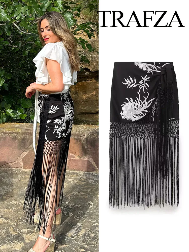 

TRAFZA Women's Chic Plant Flower Embroidered Slim Skirt Summer High Waist Women's Chic Asymmetric Tassel Decorative Skirt TRAF