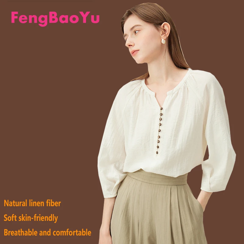 Fengbaoyu Natural Linen Ladies Shirt - Three-quarter Sleeve V-Neck Top - Elegant and Chic French Casual Shirt - Comfortable