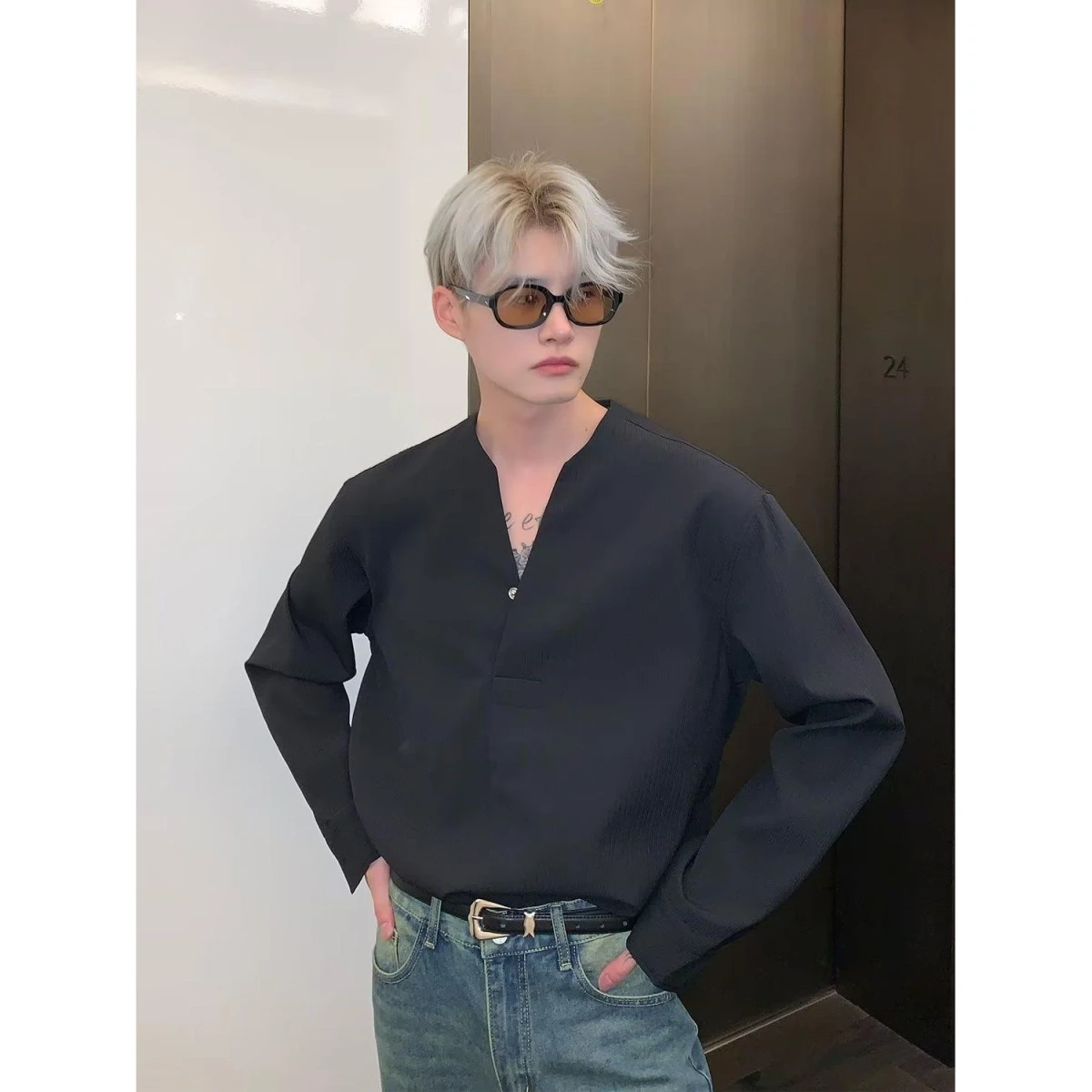 Loose Fit Men's Striped Long Sleeve Shirt Casual Style Korean Trend Spring High End Feel Outerwear Jacket Polyester Fiber