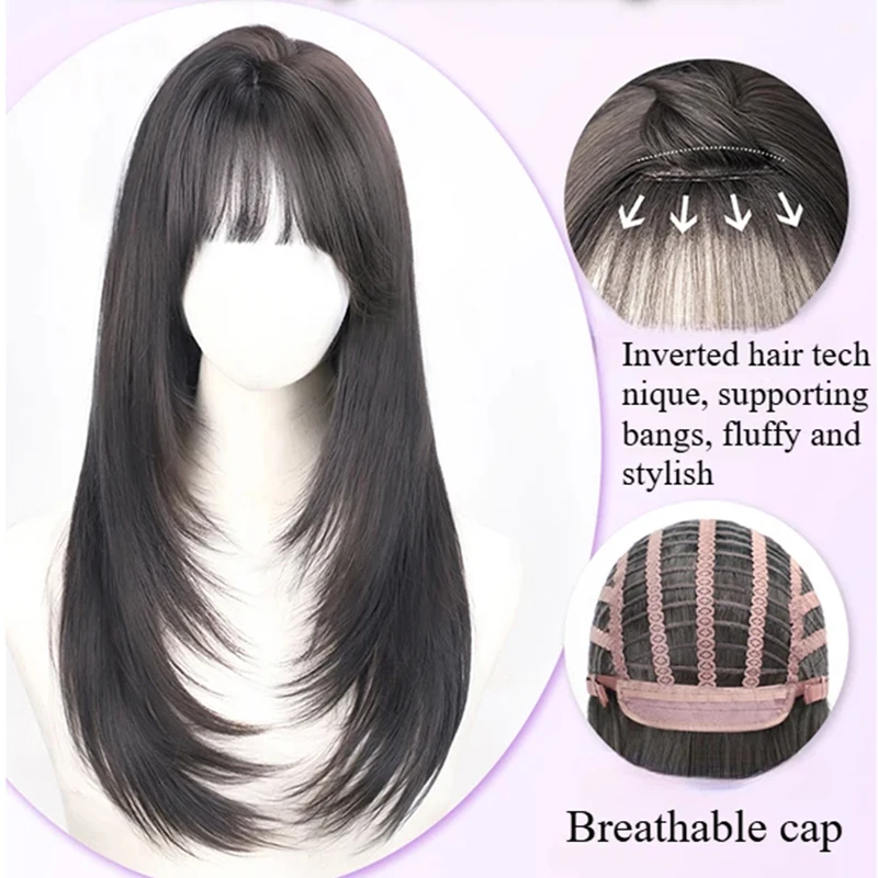 ブラウンブラックウィッグ女性シミュレーションヘア高レベルロングヘアエアナチュラルフレンチ前髪繊維合成かつら女性のための