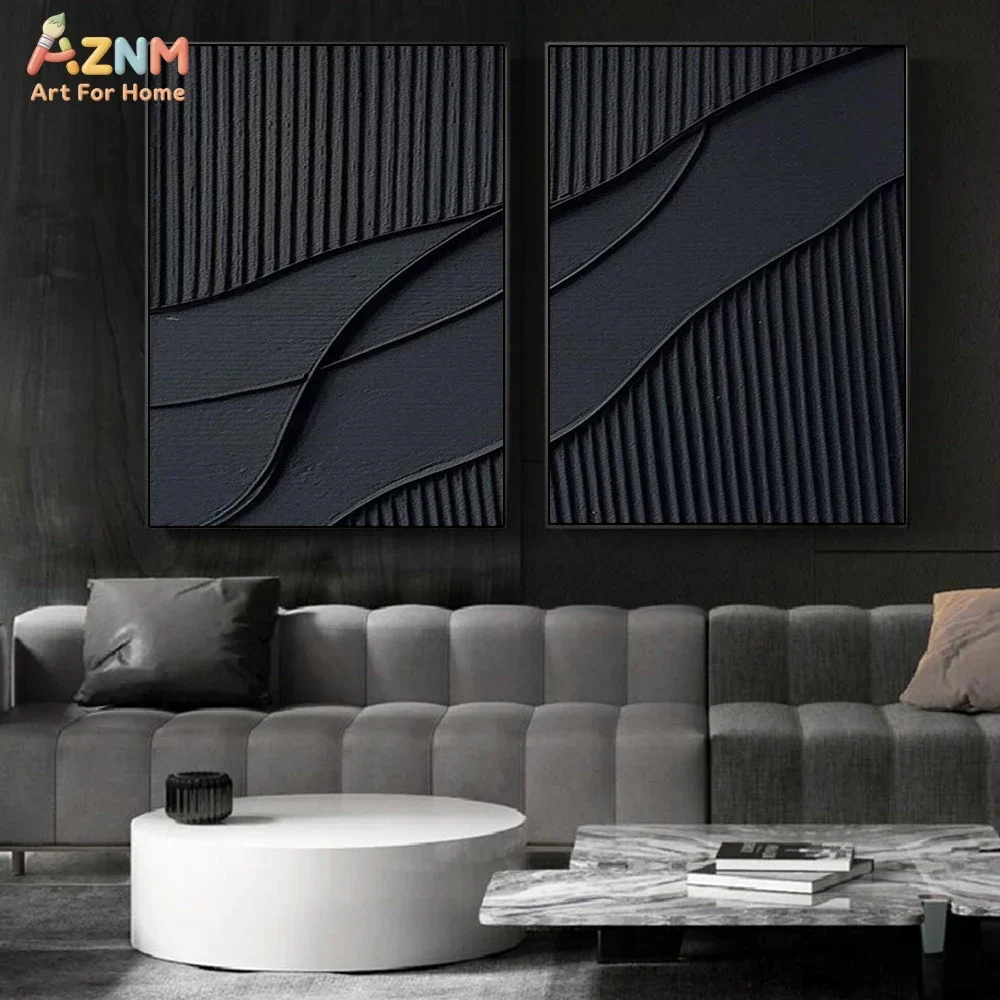 AZNM Black 3D Textured Wave Canvas Wall Art Minimalist Thick Texture Abstract Print Modern Dark Home Living Room Unframed Decor