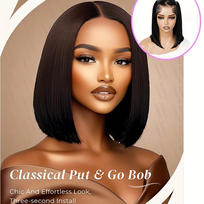 باروكات أمامية من الدانتيل عالي الدقة 13 × 4 مقطوعة مسبقًا للنساء، شعر مستعار قصير مستقيم بكثافة 200% جاهز للارتداء