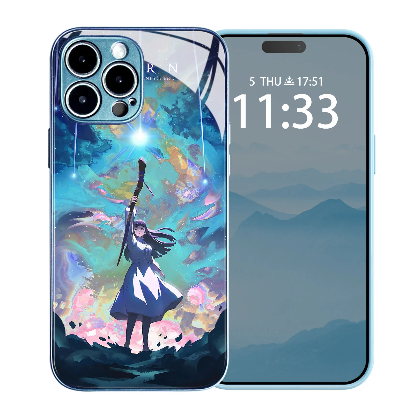 Fern Japanese Manga TPU Tempered Glass Anime Blue Colors Phone Case For iPhone 15 14 11 Pro Max 7 8 15 Plus 12 13 Mini Xr Xs