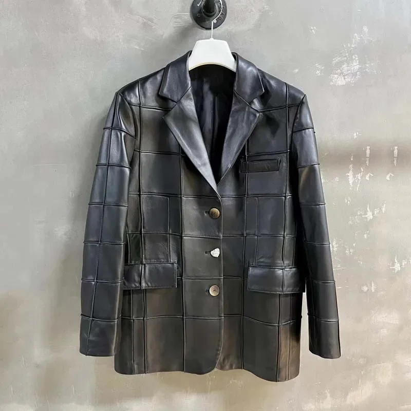 Regular Length Coat Women Spring And Autumn 2024 New Fashion Square Grid Splicing Process Suit Style Single Breasted